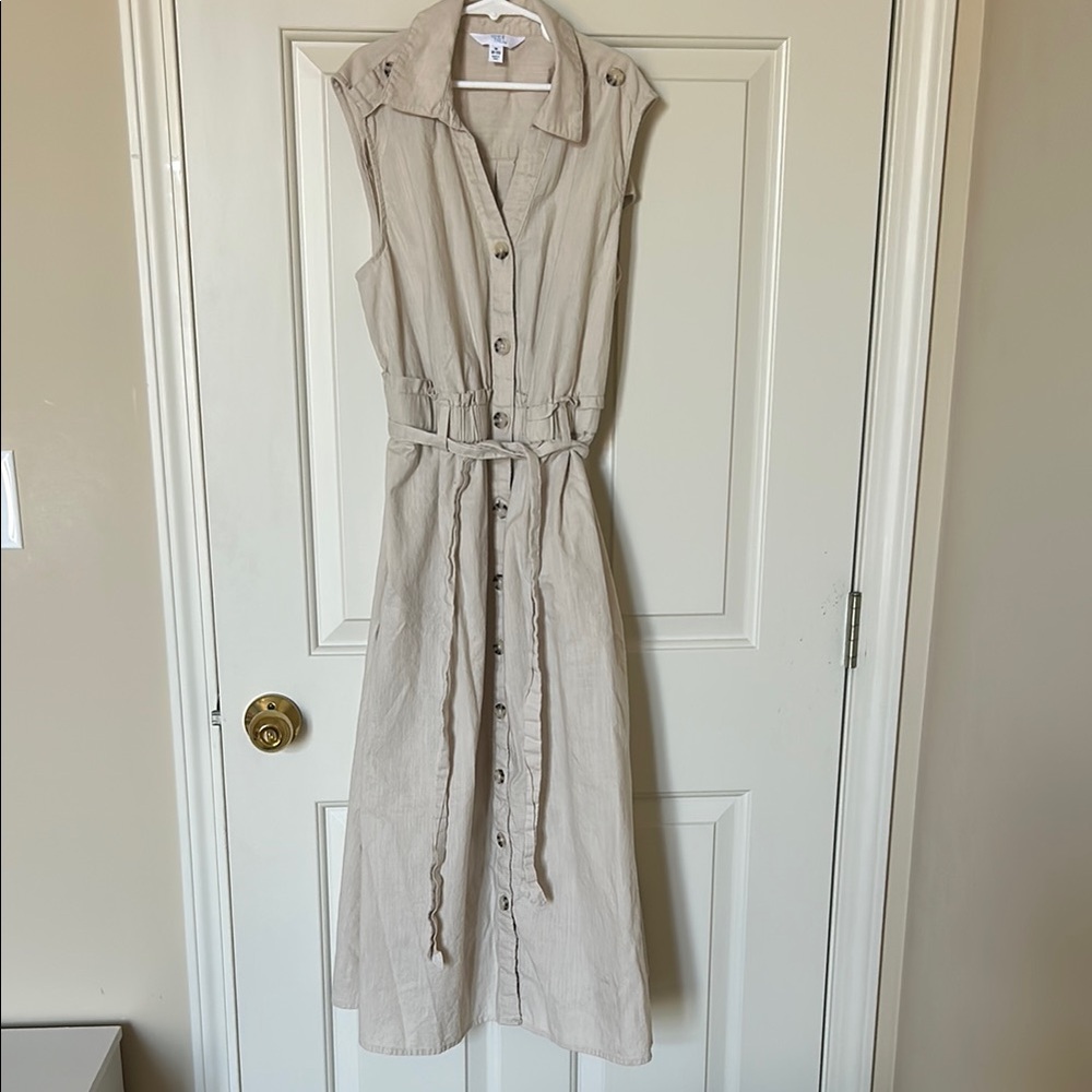 Sleeveless Button-Front 100% Cotton Dress with Tie Waist - Beige